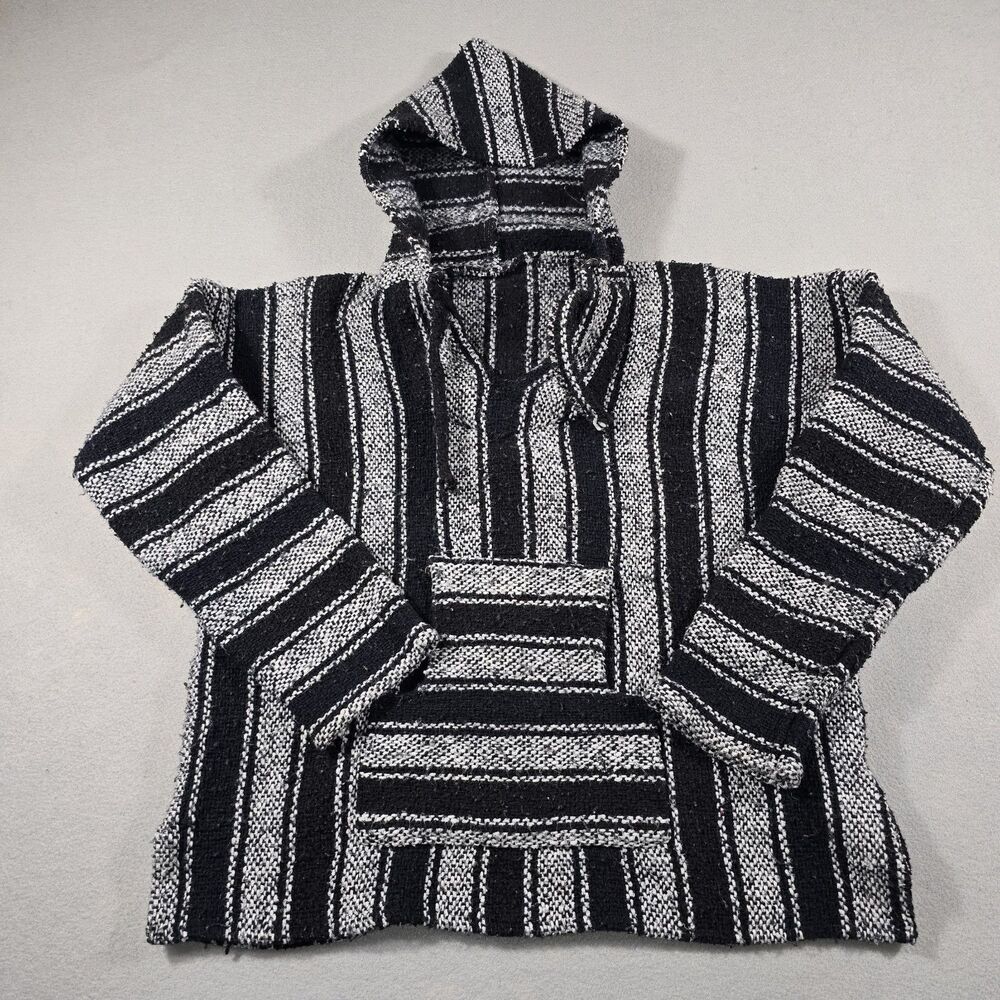 Men's Medium Black White Baja Hoodie Pullover Sweatshirt Poncho Kangaroo Pockets